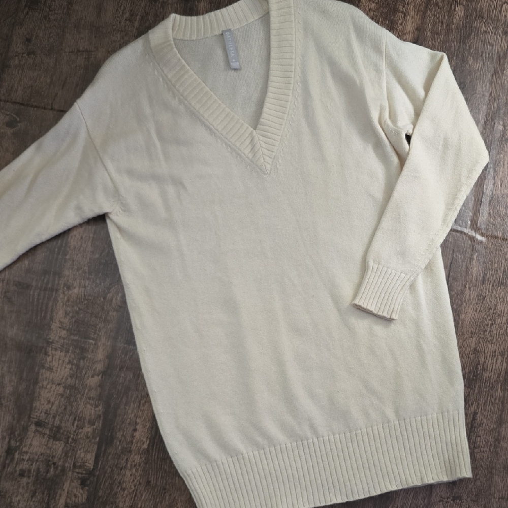 ATHLETA Women's Cream V-Neck Sweater Dress Wool Cashmere Sz M